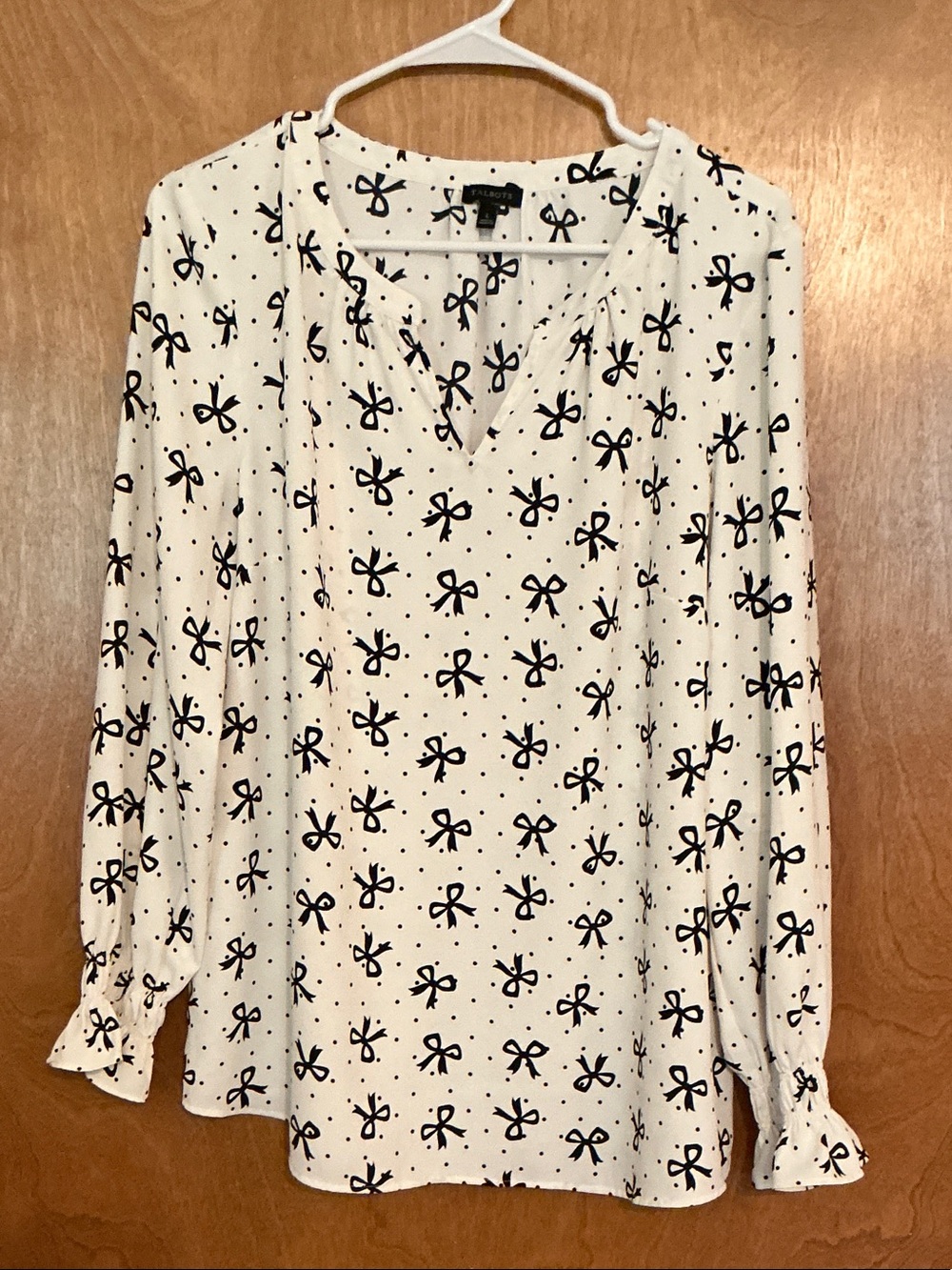 Talbots Cream Long-Sleeve V-Neck Blouse with Black Bow Print